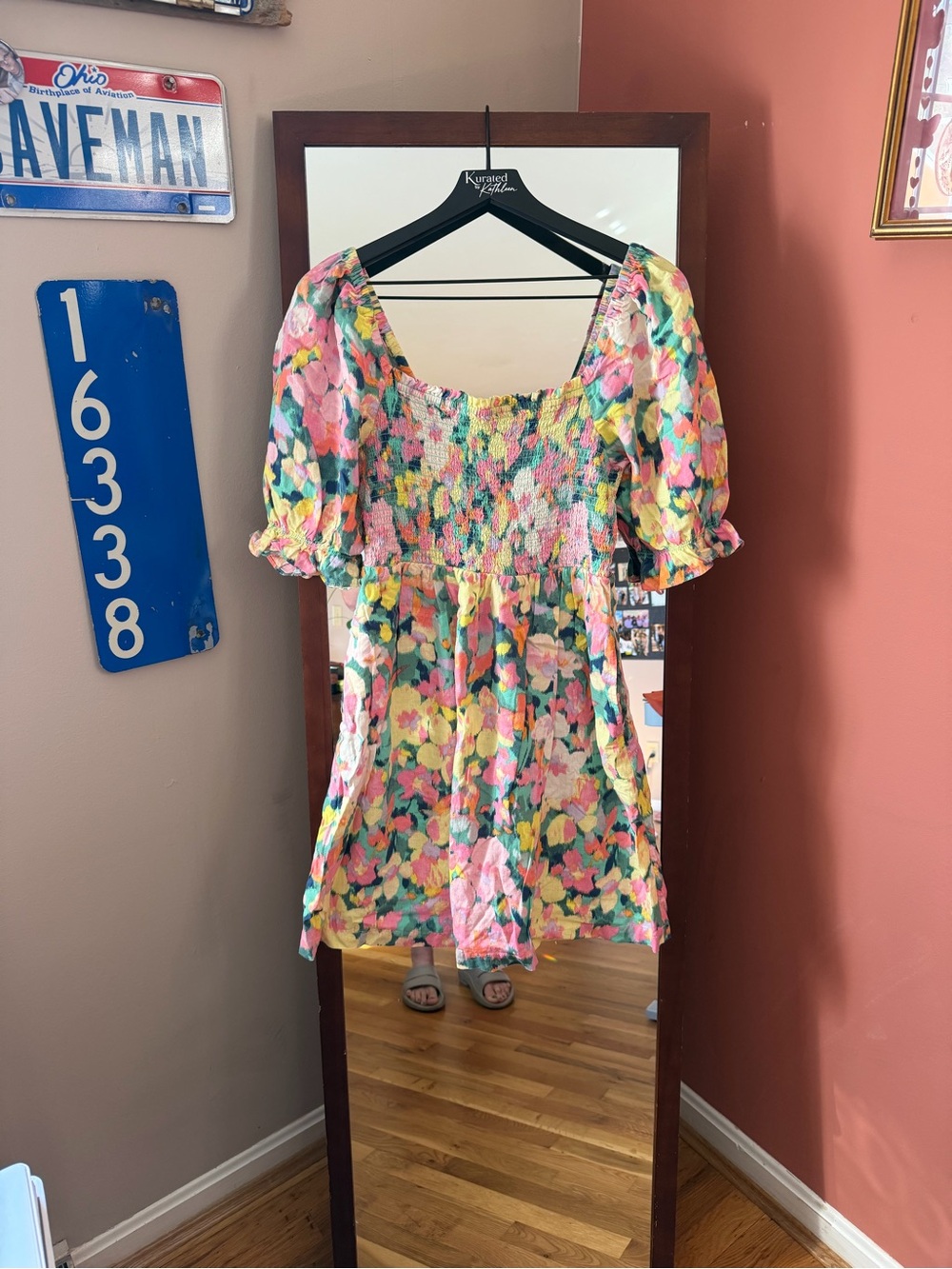 GAP Pink Multi Floral Smocked Puff-Sleeve Dress